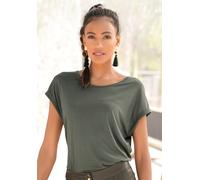 Kurzarmshirt LASCANA, Damen, Gr. 36/38, grün (khaki), Jersey, Obermaterial: 100% Viskose, unifarben, modisch, figurumspielend hüftlang, Rundhals, Kurzarm Aufschlag, Shirts, mit Rundhalsausschnitt, Jer