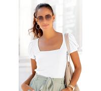 Kurzarmshirt LASCANA, Damen, Gr. 36/38, weiß, Rippware, Obermaterial: 95% Viskose, 5% Elasthan, unifarben, figurbetont hüftlang, eckiger Ausschnitt, Puffärmel, Shirts, aus gerippter Ware, T-Shirt mit