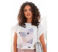 Kurzarmshirt LASCANA, Damen, Gr. 36/38, weiß (weiß, bedruckt), Satin, Obermaterial: 100% Viskose. Vorderteil: 95% Polyester, 5% Elasthan, bedruckt, figurumspielend hüftlang, Rundhals, Shirts, mit Fron