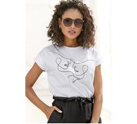 Kurzarmshirt LASCANA, Damen, Gr. 40/42, weiß, Jersey, Obermaterial: 100% Baumwolle, unifarben, figurumspielend hüftlang, Rundhals, Shirts, mit Frontdruck, T-Shirt aus Baumwolle, Printshirt, Basic (935