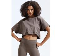 Kurzarmshirt LASCANA, Damen, Gr. M (40/42), braun, Single Jersey, Obermaterial: 95% Baumwolle, 5% Elasthan, unifarben, sportlich, lässig geschnitten bauchfrei, Rundhals, Kurzarm, Shirts, mit kastigem 