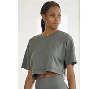 Kurzarmshirt LASCANA, Damen, Gr. M (40/42), grün, Single Jersey, Obermaterial: 95% Baumwolle, 5% Elasthan, unifarben, sportlich, lässig geschnitten bauchfrei, Rundhals, Kurzarm, Shirts, mit kastigem S