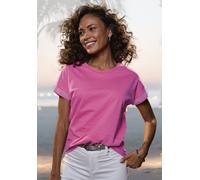 Kurzarmshirt LASCANA "mit glitzernem Strass-Design am Arm", Damen, Gr. 32/34, pink, Single Jersey, Obermaterial: 100% Baumwolle, unifarben, figurumspielend, Rundhals, Shirts, aus Baumwoll-Qualität, To