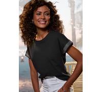 Kurzarmshirt LASCANA "mit glitzernem Strass-Design am Arm", Damen, Gr. 32/34, schwarz, Single Jersey, Obermaterial: 100% Baumwolle, unifarben, figurumspielend, Rundhals, Shirts, aus luftiger Baumwoll-