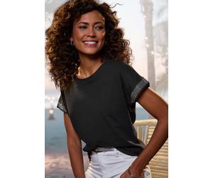 Kurzarmshirt LASCANA "mit glitzernem Strass-Design am Arm", Damen, Gr. 32/34, schwarz, Single Jersey, Obermaterial: 100% Baumwolle, unifarben, figurumspielend, Rundhals, Shirts, aus Baumwoll-Qualität,