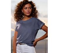 Kurzarmshirt LASCANA "mit glitzernem Strass-Design am Arm", Damen, Gr. 36/38, blau (navy), Single Jersey, Obermaterial: 100% Baumwolle, unifarben, figurumspielend, Rundhals, Shirts, aus weicher Baumwo