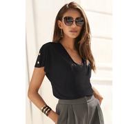 Kurzarmshirt LASCANA "mit goldfarbenen Zierknöpfen auf den Schultern", Damen, Gr. 32/34, schwarz, Jersey, Obermaterial: 65% Polyester, 30% Viskose, 5% Elasthan, unifarben, figurumspielend hüftlang, V-