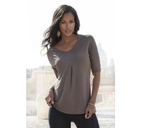 Kurzarmshirt LASCANA "mit Kellerfalte", Damen, Gr. 32/34, grau (taupe, gepunktet), Obermaterial: 96% Viskose, 4% Elasthan, gemustert, ausgestellt, V-Ausschnitt, Shirts, aus weichem Viskose-Stretch (69