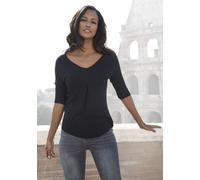 Kurzarmshirt LASCANA "mit Kellerfalte", Damen, Gr. 36/38, schwarz (schwarz, gepunktet), Obermaterial: 96% Viskose, 4% Elasthan, gemustert, ausgestellt, V-Ausschnitt, Shirts, aus Viskose-Stretch (36803
