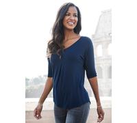 Kurzarmshirt LASCANA "mit Kellerfalte", Damen, Gr. 44/46, blau (navy, gepunktet), Obermaterial: 96% Viskose, 4% Elasthan, gemustert, ausgestellt, V-Ausschnitt, Shirts, aus weichem Viskose-Stretch (413