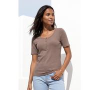 T-Shirt LASCANA "mit kurzer Knopfleiste", Damen, Gr. 40/42, grau (taupe), Rippware, Obermaterial: 95% Viskose, 5% Elasthan, unifarben, casual, bequem, Rundhals, Kurzarm, Shirts, aus weicher Viskose-Ri