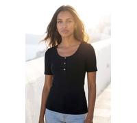 Kurzarmshirt LASCANA "mit kurzer Knopfleiste", Damen, Gr. 40/42, schwarz, Rippstrick, Obermaterial: 95% Viskose, 5% Elasthan, unifarben, Basic, figurbetont normal, Rundhals, Shirts, aus elastischem Vi