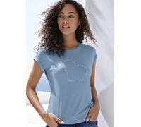 Kurzarmshirt LASCANA "mit Lascana Herz Print", Damen, Gr. 32/34, blau (hellblau), Single Jersey, Obermaterial: 95% Viskose (Birla™), 5% Elasthan, bedruckt, figurumspielend normal, Rundhals, angeschnit