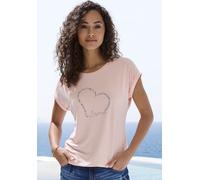 Kurzarmshirt LASCANA "mit Lascana Herz Print", Damen, Gr. 44/46, orange (peach), Single Jersey, Obermaterial: 95% Viskose (LENZING™ ECOVERO™), 5% Elasthan, bedruckt, figurumspielend normal, Rundhals, 