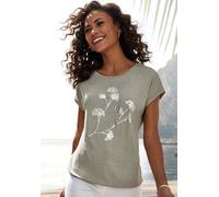 Kurzarmshirt LASCANA "mit schimmerndem Blumenprint", Damen, Gr. 44/46, grün (khaki), Single Jersey, Obermaterial: 95% Viskose (LENZING ECOVERO), 5% Elasthan, bedruckt, casual, bequem normal, Rundhals,