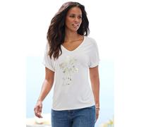 Kurzarmshirt LASCANA "mit schimmerndem Print", Damen, Gr. 40/42, weiß (creme), Single Jersey, Obermaterial: 95% Viskose, 5% Elasthan, bedruckt, figurumspielend normal, V-Ausschnitt, angeschnitten Umsc