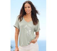 Kurzarmshirt LASCANA "mit schimmerndem Print", Damen, Gr. 44/46, lindgrün, Single Jersey, Obermaterial: 95% Viskose, 5% Elasthan, bedruckt, figurumspielend normal, V-Ausschnitt, angeschnitten Umschlag