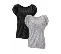 Kurzarmshirt LASCANA "mit Schulterraffung", Damen, Gr. 44/46, schwarz-weiß (schwarz, weiß), Obermaterial: 90% Viskose, 10% Polyester, meliert, bequem, tiefer Rundhals, Shirts, aus weicher Viskose-Qual