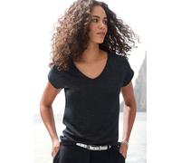 Kurzarmshirt LASCANA "mit silberfarbenem Glitzereffekt", Damen, Gr. 32/34, schwarz, Obermaterial: 65% Polyester (REPREVE), 16% metallisierte Faser (LUREX), 15% Viskose, 4% Elasthan, Glitzermuster, beq