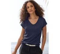 Kurzarmshirt LASCANA "mit silberfarbenem Glitzereffekt", Damen, Gr. 40/42, blau (navy), Obermaterial: 66% Polyester, 27% Viskose, 5% metallisierte Faser (LUREX), 2% Elasthan, Glitzermuster, bequem, V-
