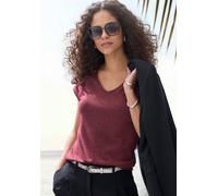 Kurzarmshirt LASCANA "mit silberfarbenem Glitzereffekt", Damen, Gr. 48/50, bordeaux, Obermaterial: 65% Polyester (REPREVE), 16% metallisierte Faser (LUREX), 15% Viskose, 4% Elasthan, Glitzermuster, be
