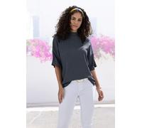 Kurzarmshirt LASCANA "mit Stehkragen", Damen, Gr. 44/46, blau (navy), Crêpe, Obermaterial: 97% Polyester, 3% Elasthan, unifarben, lässig geschnitten, Shirts, aus bügelfreier Crêpe-Qualität (94018756-4