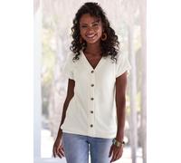 Kurzarmshirt LASCANA "mit Zierknopfleiste", Damen, Gr. 32/34, beige (creme), Piqué, Obermaterial: 69% Polyester (REPREVE), 28% Viskose, 3% Elasthan, unifarben, bequem normal, V-Ausschnitt, Shirts, aus