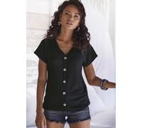 Kurzarmshirt LASCANA "mit Zierknopfleiste", Damen, Gr. 32/34, schwarz, Piqué, Obermaterial: 69% Polyester (REPREVE), 28% Viskose, 3% Elasthan, unifarben, bequem normal, V-Ausschnitt, Shirts, Sommershi