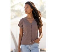 Kurzarmshirt LASCANA "mit Zierknopfleiste", Damen, Gr. 48/50, grau (taupe), Piqué, Obermaterial: 69% Polyester (REPREVE), 28% Viskose, 3% Elasthan, unifarben, bequem normal, V-Ausschnitt, Shirts, aus