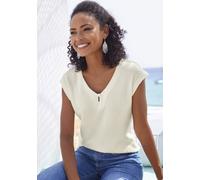 Kurzarmshirt LASCANA "mit Zierperle", Damen, Gr. 36/38, blau (creme, navy), Piqué, Obermaterial: 69% Polyester (REPREVE), 28% Viskose, 3% Elasthan, unifarben, bequem normal, Rundhals, angeschnitten no
