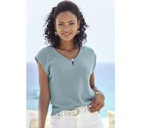 Kurzarmshirt LASCANA "mit Zierperle", Damen, Gr. 44/46, bunt (rose, mint), Piquu00e9, Obermaterial: 69% Polyester (REPREVE), 28% Viskose, 3% Elasthan, unifarben, feminin, bequem normal, Rundhals, Kurz