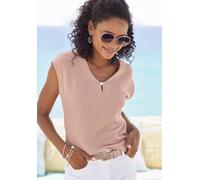 Kurzarmshirt LASCANA "mit Zierperle", Damen, Gr. 44/46, rosa (rose), Piqué, Obermaterial: 69% Polyester (REPREVE), 28% Viskose, 3% Elasthan, unifarben, bequem normal, Rundhals, angeschnitten normaler