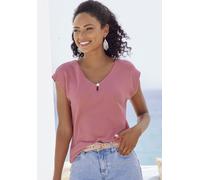 Kurzarmshirt LASCANA "mit Zierperle", Damen, Gr. 44/46, transparent (beere, navy), Piqué, Obermaterial: 69% Polyester (REPREVE), 28% Viskose, 3% Elasthan, unifarben, bequem normal, Rundhals, angeschni