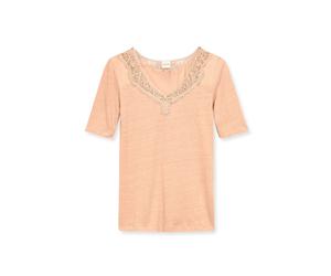 Kurzarmshirt MADELEINE "Shirt Kurzarm-Shirt aus Leinen mit feinem Spitzen-Akzent", Damen, Gr. 40, orange (pfirsich), Obermaterial: 100% Leinen LI., Modern, normal, V-Ausschnitt, Shirts (56937108-40) p