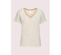 Kurzarmshirt MADELEINE "Shirt Print-Shirt mit Strass aus Leinen", Damen, Gr. 46, weiß (wollweiß), Obermaterial: 100% Leinen LI., Modern, normal, V-Ausschnitt, Shirts (25973153-46) wollweiß