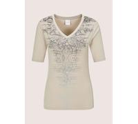 Kurzarmshirt MADELEINE "Shirt Printshirt mit Strass", Damen, Gr. 44, perlweiß, grau, silberfarben, Obermaterial: 95% Viskose CV. 5% Elasthan EL., Modern, gerade, V-Ausschnitt, Shirts, Strass-Applikati