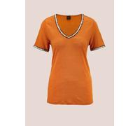 Kurzarmshirt MADELEINE "Shirt Trendiges Kurzarm-Shirt, V-Ausschnitt", Damen, Gr. 38, orange (wüstenorange, multicolor), Obermaterial: 100% Leinen LI., Modern, figurumspielend, V-Ausschnitt, Shirts (46