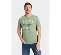 Kurzarmshirt MUSTANG "Alex Logoprint", Damen, Gr. 3XL, sea spray, Jersey, Obermaterial: 100% Baumwolle, bedruckt, normal hüftbedeckend, Rundhals, Shirts, kurzarm, mit Logoprint (87060429-XXXL) sea spr