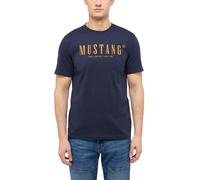 Kurzarmshirt MUSTANG "Style Austin", Herren, Gr. L, blau (schwarz saphire), Jersey, Obermaterial: 100% Baumwolle, bedruckt, regular fit hüftbedeckend, Rundhals, abgesteppte Kante, Shirts, Sommershirt