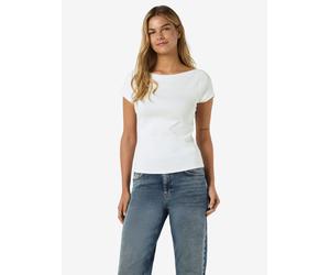 Kurzarmshirt NOISY MAY "NMMAYA S/S BOATNECK TOP NOOS", Damen, Gr. M, weiß (hellweiß), Jersey, Obermaterial: 95% Baumwolle, 5% Elasthan, unifarben, regular fit normal, Rundhals, Shirts, Baumwollmischun