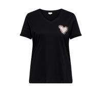 Kurzarmshirt ONLY CARMAKOMA "CARBEA LIFE SS V-NECK TEE", Damen, Gr. M, schwarz print:heart, Jersey, Obermaterial: 100% Baumwolle, bedruckt, regular fit normal, V-Ausschnitt, Shirts, Baumwolle, regular