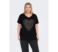 Kurzarmshirt ONLY CARMAKOMA "CARLYDIA LIFE SS V-NECK REG TEE JRS", Damen, Gr. L, schwarz print:heart, Jersey, Obermaterial: 100% Baumwolle, bedruckt, regular fit, V-Ausschnitt, Shirts (58617116-L) sch