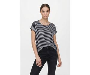 Kurzarmshirt ONLY CARMAKOMA "CARMOSTER STRIPE S/S O-NECK TOP JRS NOOS", Damen, Gr. S, night sky stripes:cloud dancer, Jersey, Obermaterial: 75% Viskose, 20% Polyester, 5% Elasthan, gestreift, regular