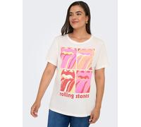 Kurzarmshirt ONLY CARMAKOMA "CARROLL LIFE SS O-NECK REG TEE LC JRS", Damen, Gr. M, weiß (cloud dancer print:rolling stones squarot), Jersey, Obermaterial: 100% Baumwolle, bedruckt, regular fit normal,