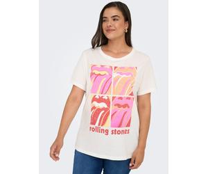 Kurzarmshirt ONLY CARMAKOMA "CARROLL LIFE SS O-NECK REG TEE LC JRS", Damen, Gr. M, weiß (cloud dancer print:rolling stones squarot), Jersey, Obermaterial: 100% Baumwolle, bedruckt, regular fit normal,