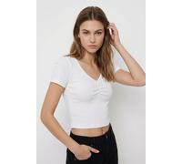 Kurzarmshirt ONLY "ONLBETTY LIFE S/S SCALLOP V-NECK CC JRS", Damen, Gr. L, cloud dancer, Jersey, Obermaterial: 95% Baumwolle, 5% Elasthan, unifarben, hüftlang, V-Ausschnitt, Shirts, mit Raffung am Aus