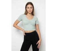 Kurzarmshirt ONLY "ONLBETTY LIFE S/S SCALLOP V-NECK CC JRS", Damen, Gr. L, jadeite, Jersey, Obermaterial: 95% Baumwolle, 5% Elasthan, unifarben, hüftlang, V-Ausschnitt, Shirts, mit Raffung am Ausschni