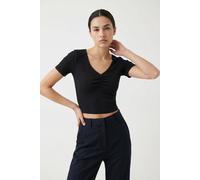 Kurzarmshirt ONLY "ONLBETTY LIFE S/S SCALLOP V-NECK CC JRS", Damen, Gr. XS, schwarz, Jersey, Obermaterial: 95% Baumwolle, 5% Elasthan, unifarben, hüftlang, V-Ausschnitt, Shirts, mit Raffung am Ausschn