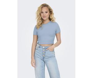 Kurzarmshirt ONLY "ONLBETTY S/S O-NECK SHORT TOP CC JRS", Damen, Gr. L, blau (soft chambray), Jersey, Obermaterial: 95% Baumwolle, 5% Elasthan, unifarben, regular fit bauchfrei, Rundhals, Shirts, soft