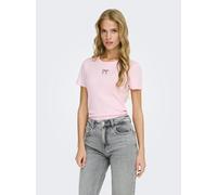 Kurzarmshirt ONLY "ONLELVA JUNE EMB S/S TEE JRS NOOS", Damen, Gr. S, ballerina detail:zinfandel bow, Jersey, Obermaterial: 65% Polyester, 30% Viskose, 5% Elasthan, bestickt, unifarben, normal, Rundhal